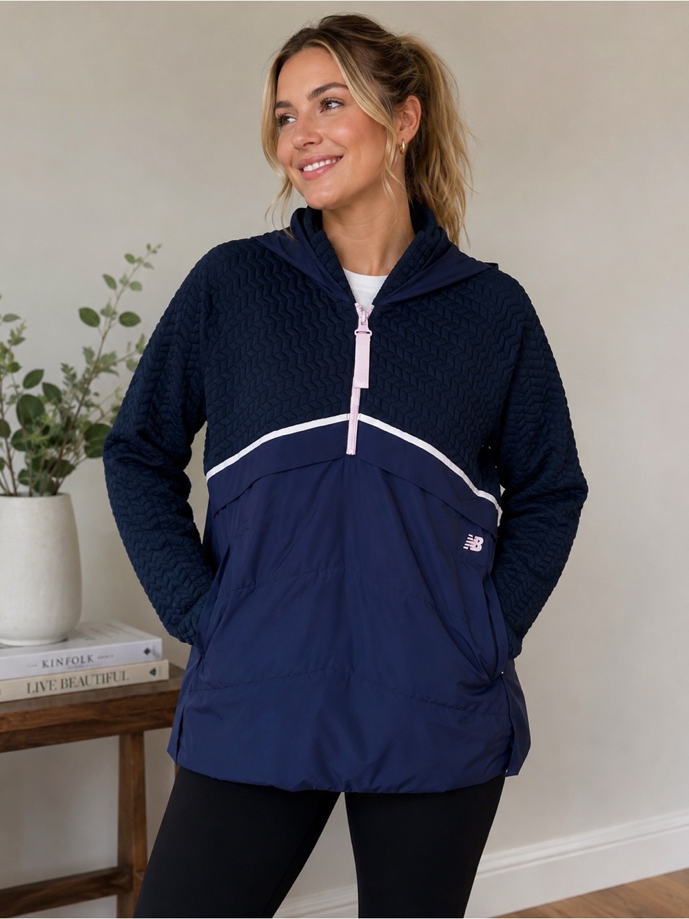 New Balance Navy and Purple Quilted Quarter Zip Hooded Pullover Size S NWT